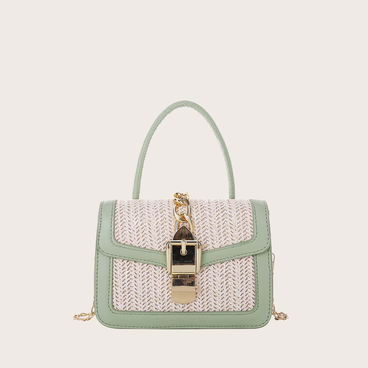 

Buckle Decor Chain Satchel Bag, Green