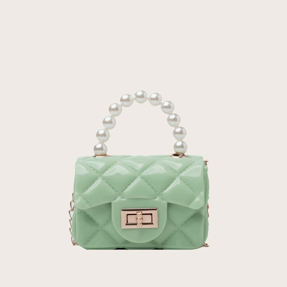 

Mini Faux Pearl Handle Satchel Bag, Green