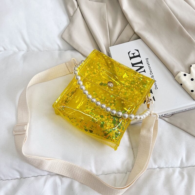 

Clear Faux Pearl Handle Satchel Bag, Yellow