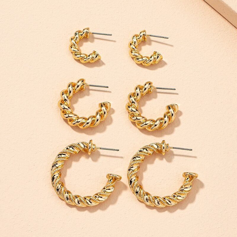 

3pairs Textured Metal Hoop Earrings, Gold