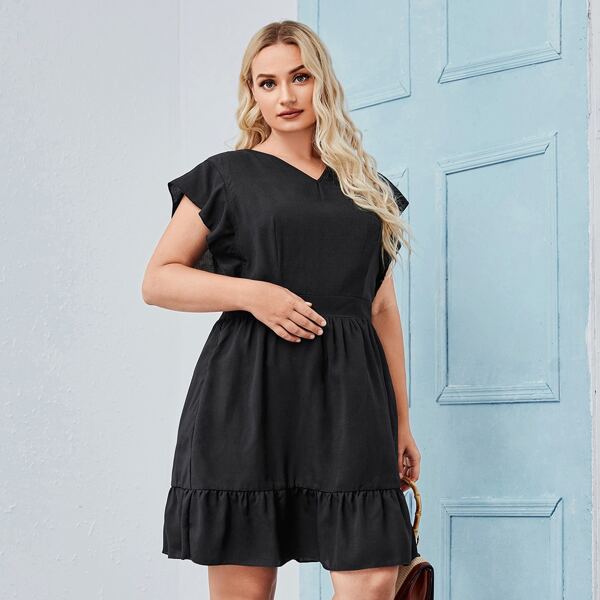 

Plus Contrast Lace Ruffle Hem A-line Dress, Black