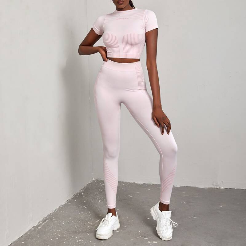 

Stripe And Letter Graphic Mock Neck Sports Set, Pink