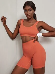 Solid Seamless High Stretch Sports Bra With Cycling Shorts - Orange - View 3