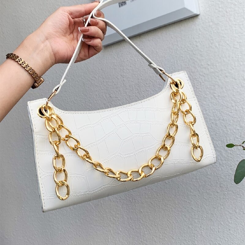 

Chain Decor Croc Embossed Baguette Bag, White