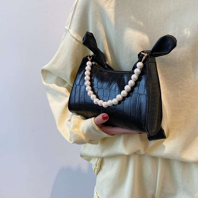 

Faux Pearl Decor Croc Embossed Shoulder Bag, Black
