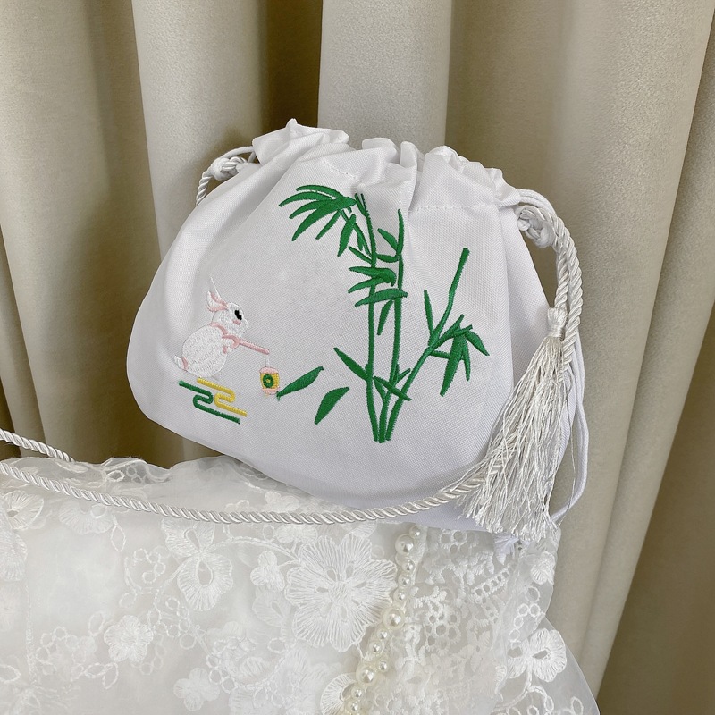 

Plants Embroidered Ruched Bag, White