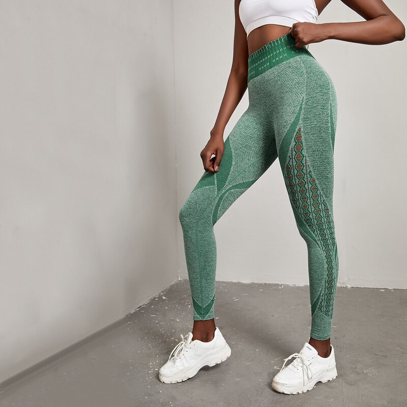 

Solid Laser Cut Wide Waistband Sports Leggings, Green
