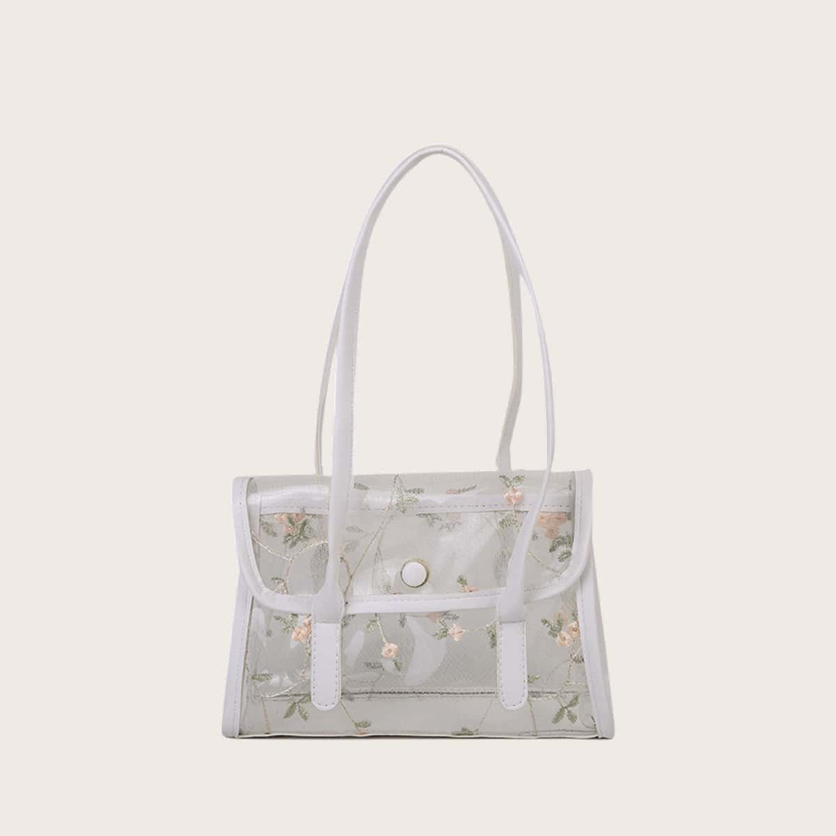 

Clear Floral Decor Shoulder Bag, White