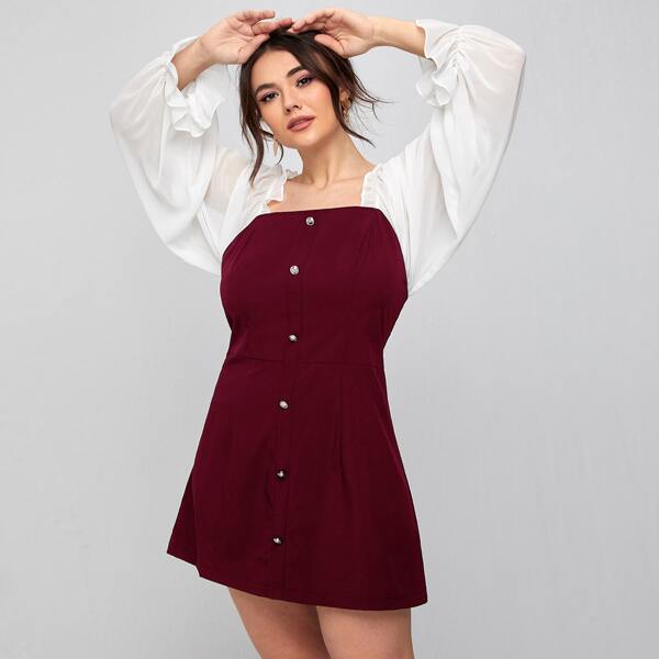 

Plus Contrast Sleeve Square Neck Dress, Burgundy