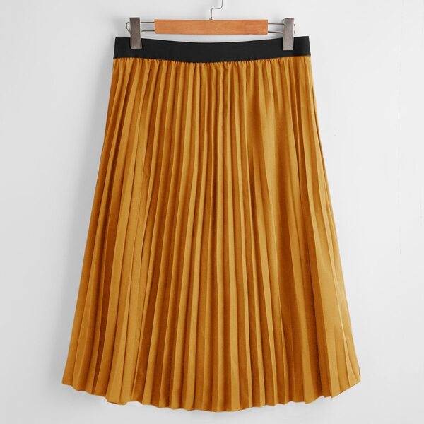 

Plus Solid Elastic Waist Pleated Skirt, Mustard yellow