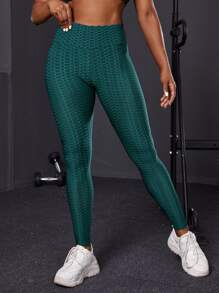Powerista Yoga Tights Honeycomb Textured Sports Leggings - Dark Green - View 2
