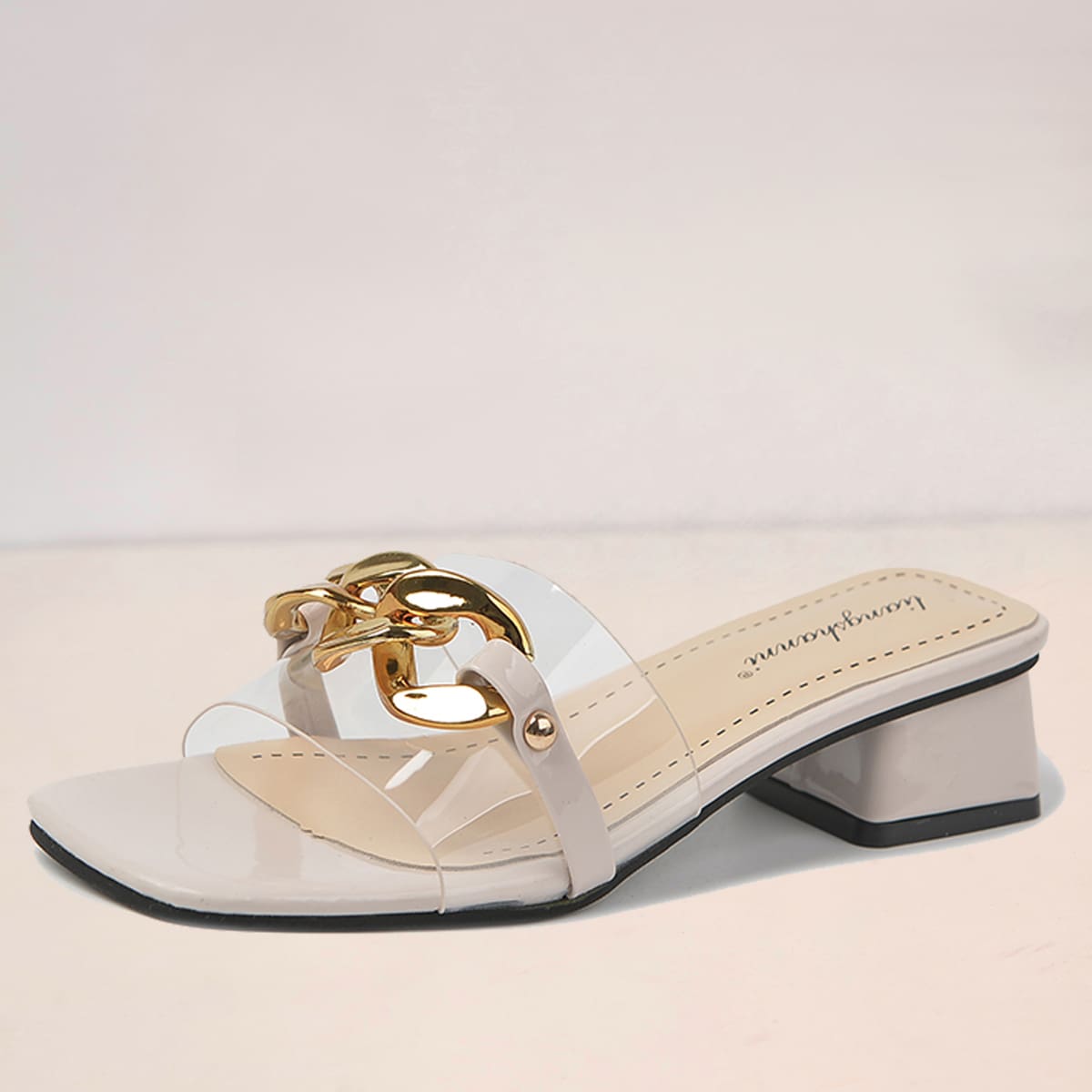 

Clear Chain Decor Mule Sandals, Beige