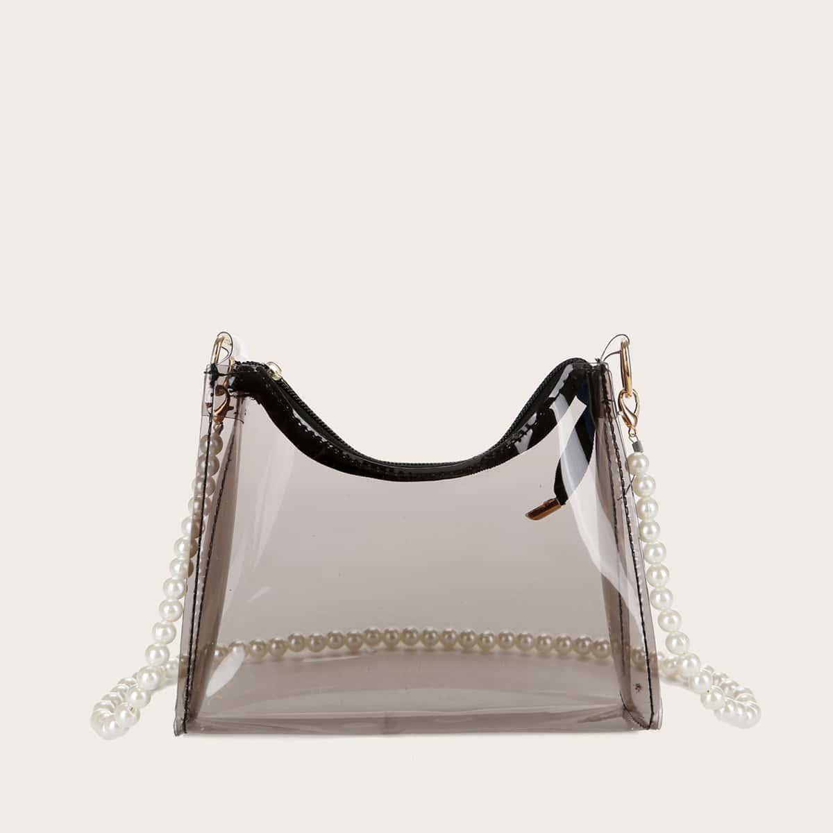 

Clear Faux Pearl Handle Shoulder Bag, Grey