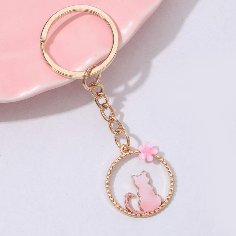

1pc Floral & Cat Keychain, Pink