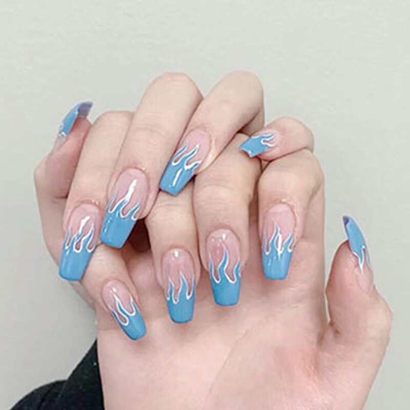 

24pcs Graphic Fake Nail, Blue
