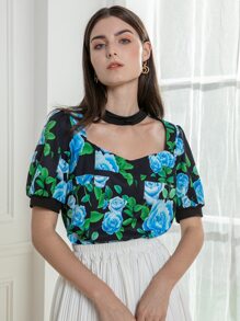 Mulvari Floral Cut Out Sweetheart Neck Blouse - Multicolor - View 4