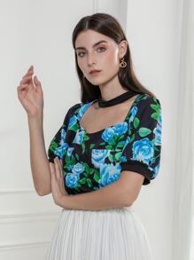 Mulvari Floral Cut Out Sweetheart Neck Blouse - Multicolor - View 5