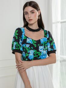 Mulvari Floral Cut Out Sweetheart Neck Blouse - Multicolor - View 6