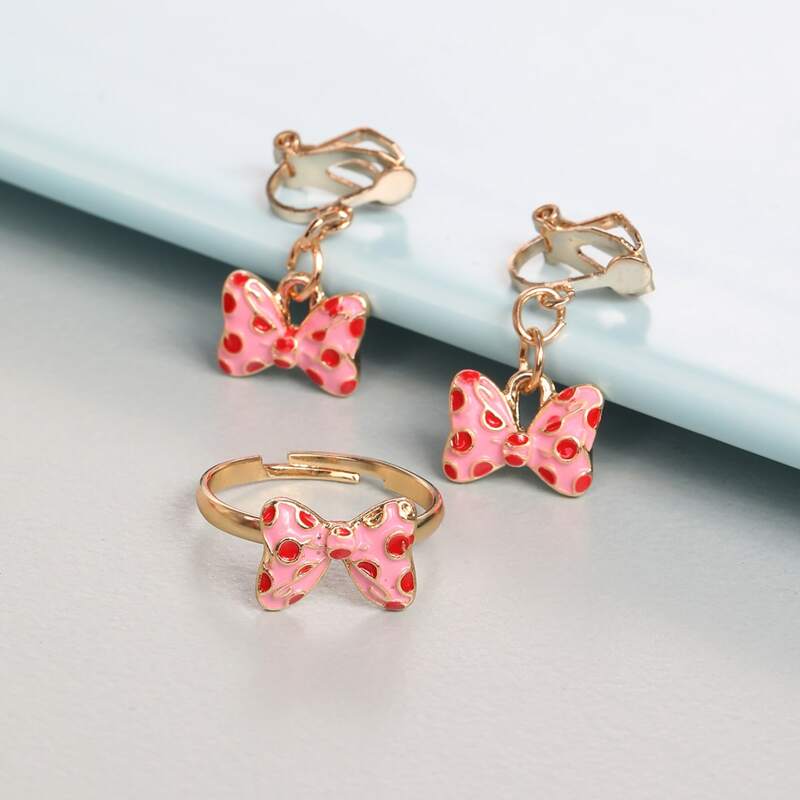 

1pair Bow Drop Earrings & 1pc Ring, Pink