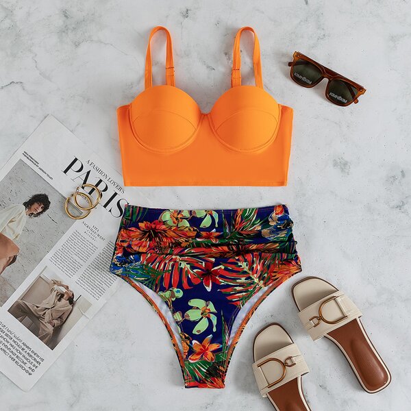 

Floral & Tropical Ruched Push Up Bikini Swimsuit, Orange