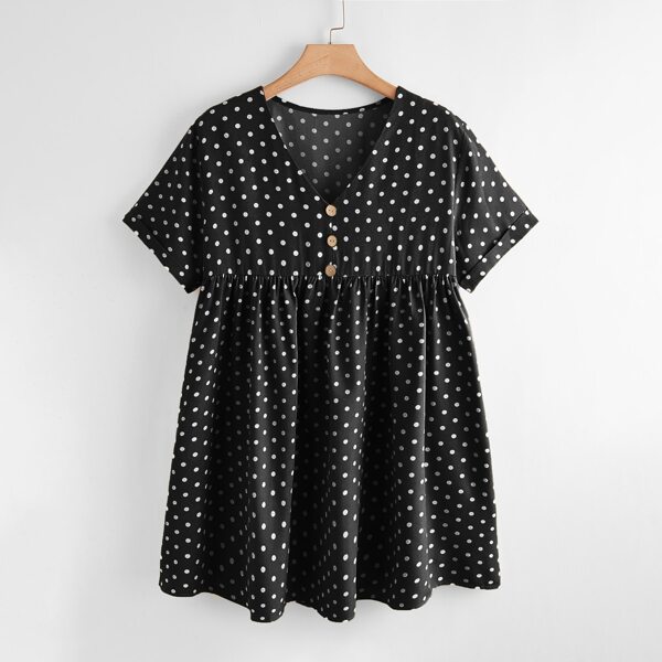 

Plus V-neck Polka Dot Smock Dress, Black