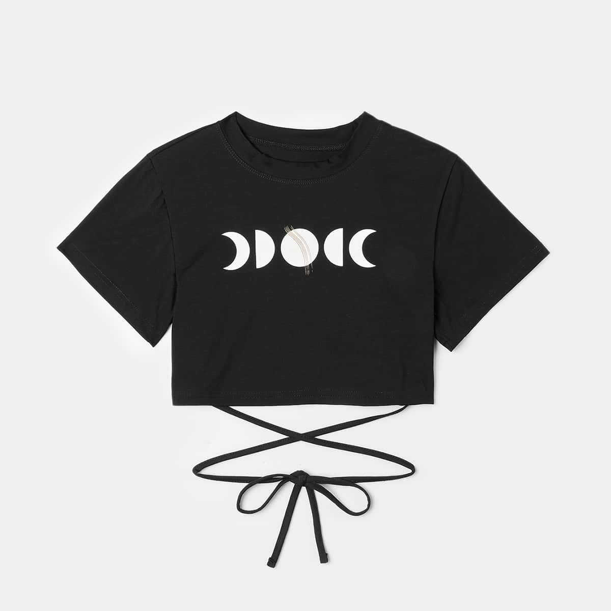 

Moon Graphic Criss Cross Crop Tee, Black