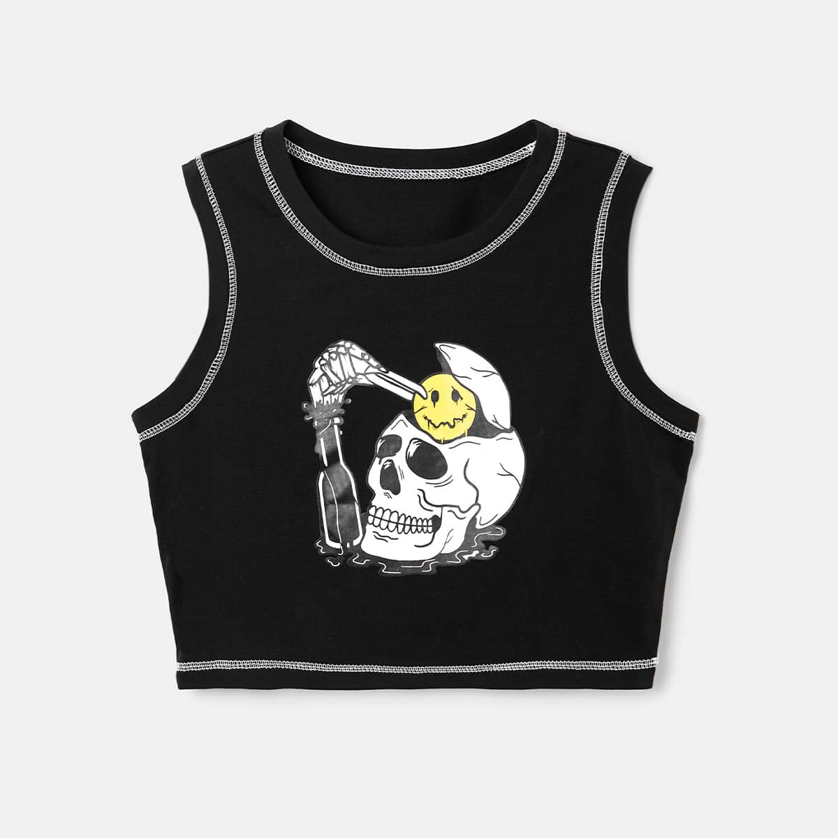 

Stitching Trim Skull Graphic Tank Top, Black