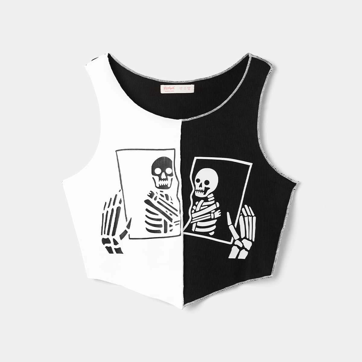 

Two Tone Skull Graphic Tank Top, Black and white