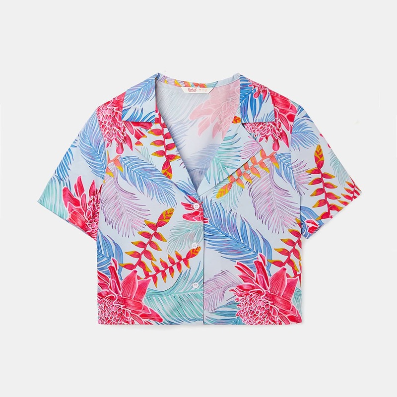 

Leaf & Floral Print Button Front Crop Blouse, Multicolor