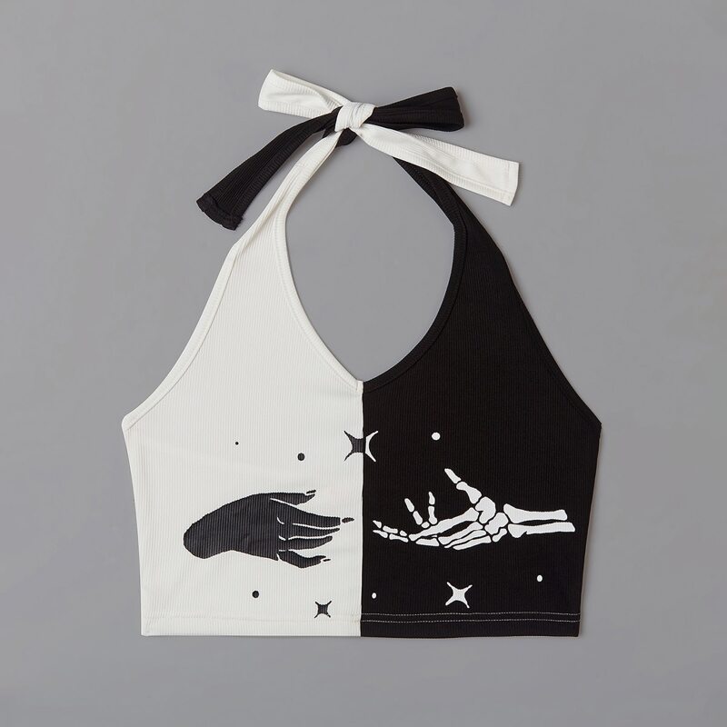 

Two Tone Skeleton Graphic Halter Top, Black and white