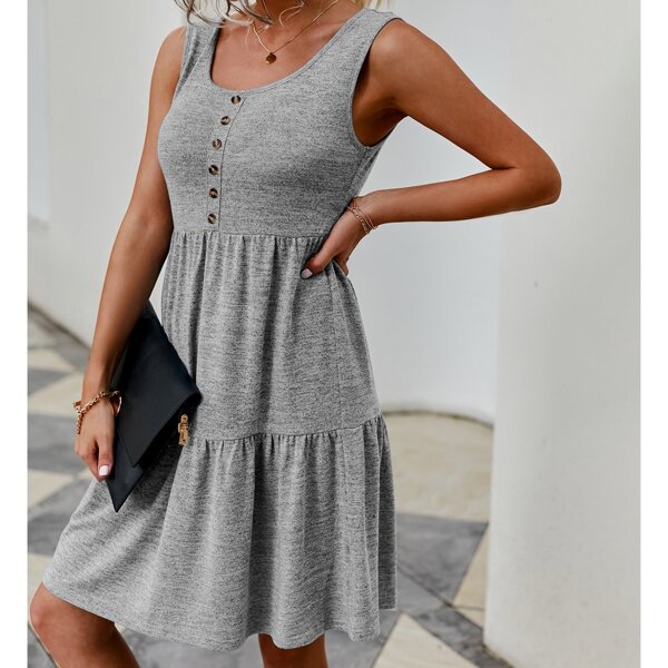 

Button Detail Ruffle Hem Dress, Grey
