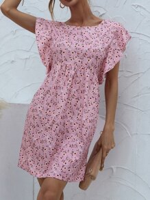Ditsy Floral Backless Butterfly Sleeve Dress - Baby Pink - View 1