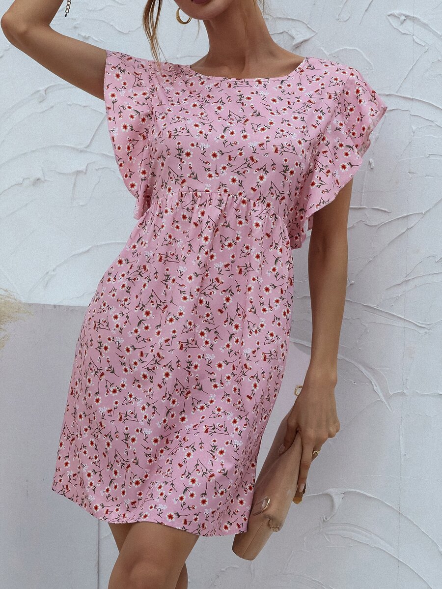 Ditsy Floral Backless Butterfly Sleeve Dress - Baby Pink - View 1