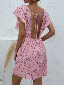 Ditsy Floral Backless Butterfly Sleeve Dress - Baby Pink - View 2
