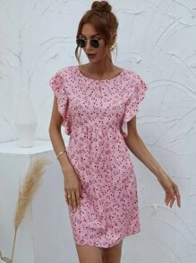 Ditsy Floral Backless Butterfly Sleeve Dress - Baby Pink - View 3
