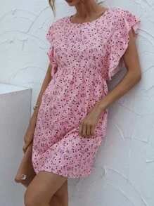 Ditsy Floral Backless Butterfly Sleeve Dress - Baby Pink - View 4