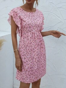 Ditsy Floral Backless Butterfly Sleeve Dress - Baby Pink - View 5