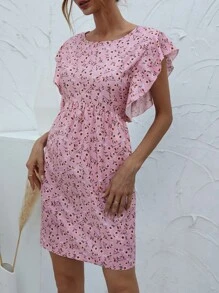 Ditsy Floral Backless Butterfly Sleeve Dress - Baby Pink - View 6