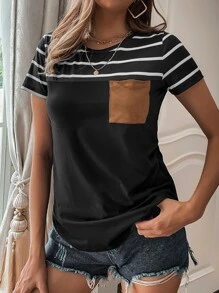 SHEIN LUNE Striped Pocket Front Tee - Black - View 1
