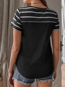 SHEIN LUNE Striped Pocket Front Tee - Black - View 2