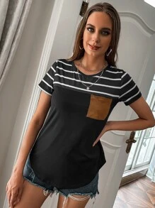 SHEIN LUNE Striped Pocket Front Tee - Black - View 3