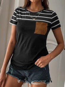 SHEIN LUNE Striped Pocket Front Tee - Black - View 4