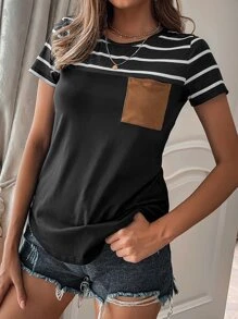 SHEIN LUNE Striped Pocket Front Tee - Black - View 5