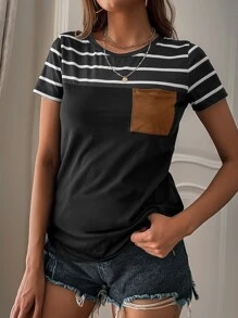 SHEIN LUNE Striped Pocket Front Tee - Black - View 6
