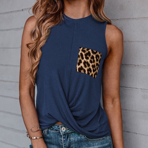 

Leopard Print Pocket Patched Twist Hem Tank Top, Navy blue