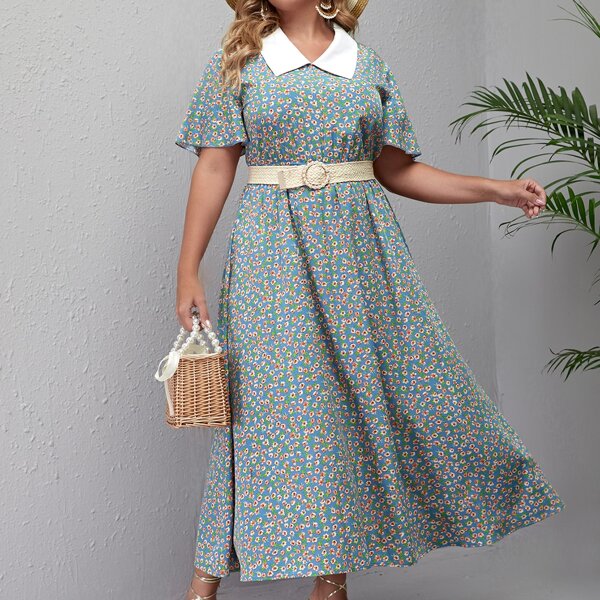 

Plus Ditsy Floral Contrast Collar A-line Dress Without Belt, Multicolor