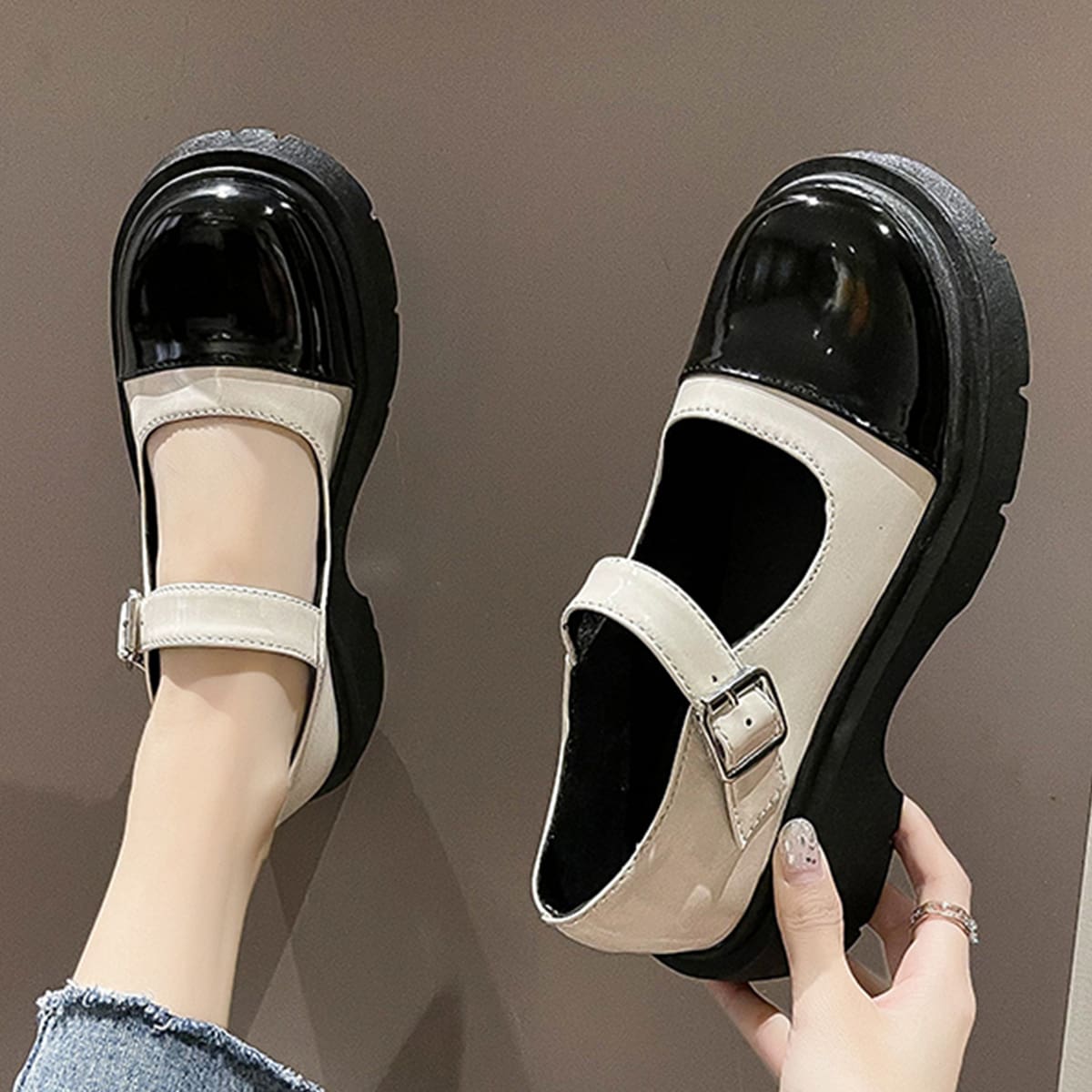 

Two Tone Mary Jane Pumps, Beige