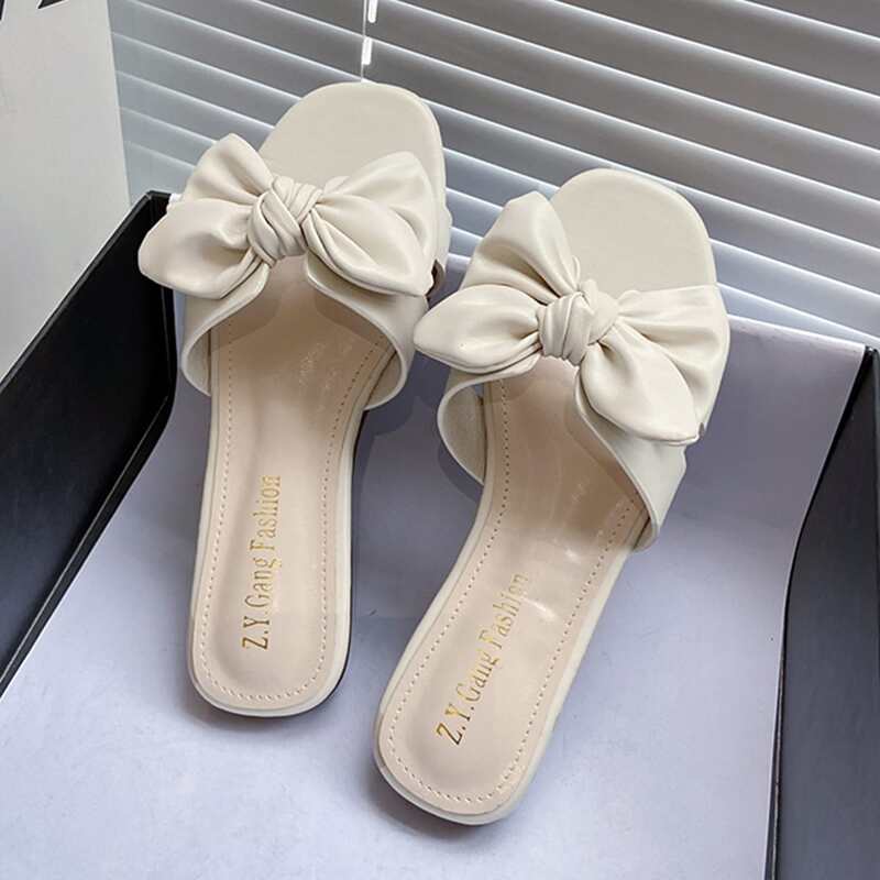 

Bow Decor Slide Sandals, Beige