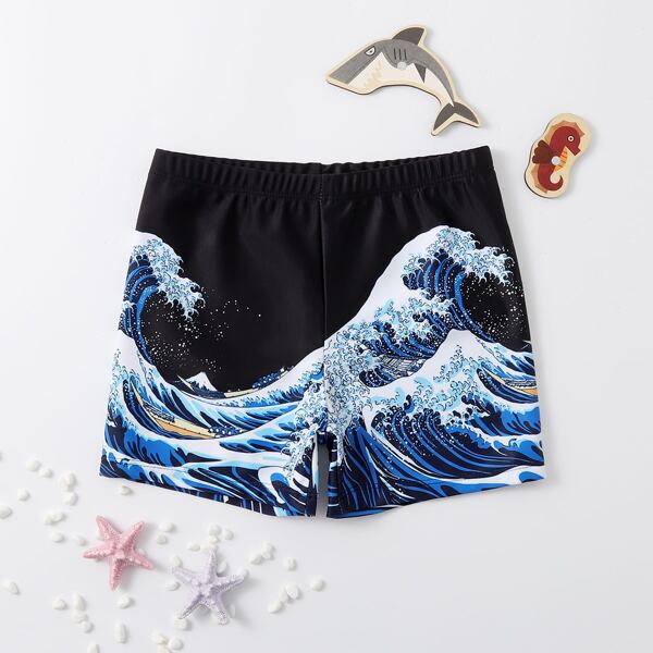 

Boys Sea Wave Print Swim Shorts, Multicolor