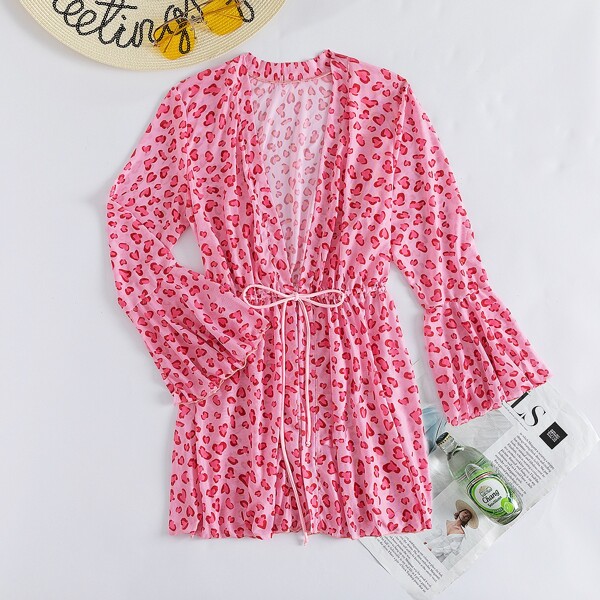 

Leopard Drawstring Waist Kimono, Pink